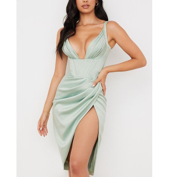 NEW House Of CB Dress Faye Sage Green Pleated Corset Midi Dress Size S#1740 - Picture 1 of 9